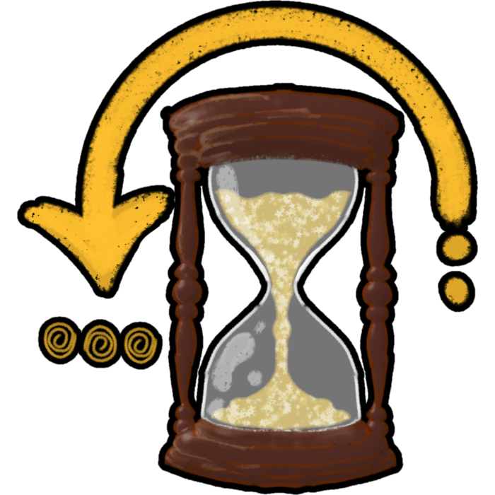 a wooden hourglass with gold sand, above it is a yellow arrow pointing down left to three swirls.